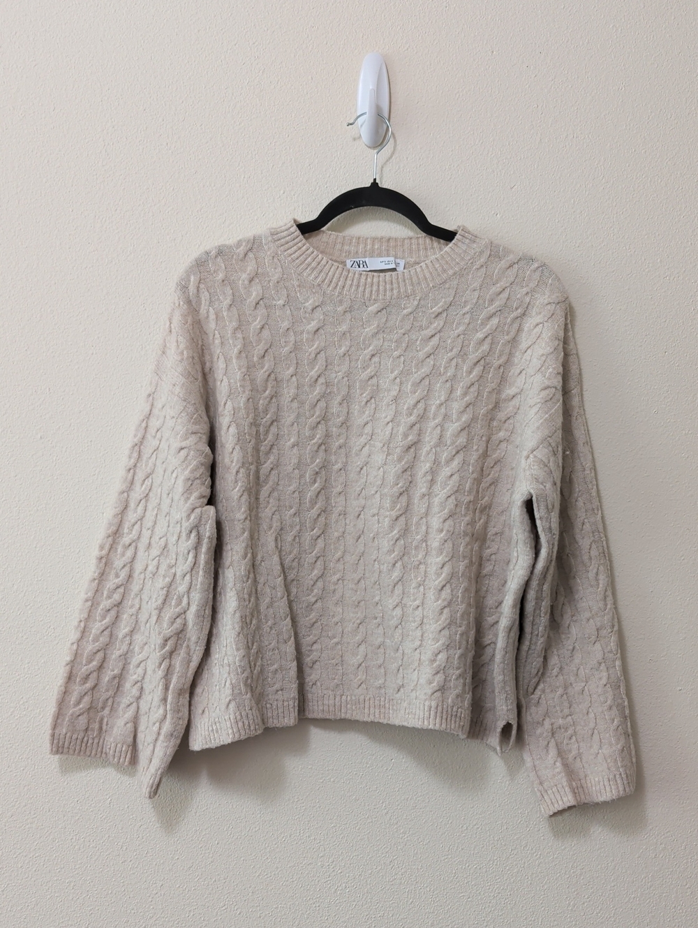 Zara Beige Cable-Knit Crewneck Sweater